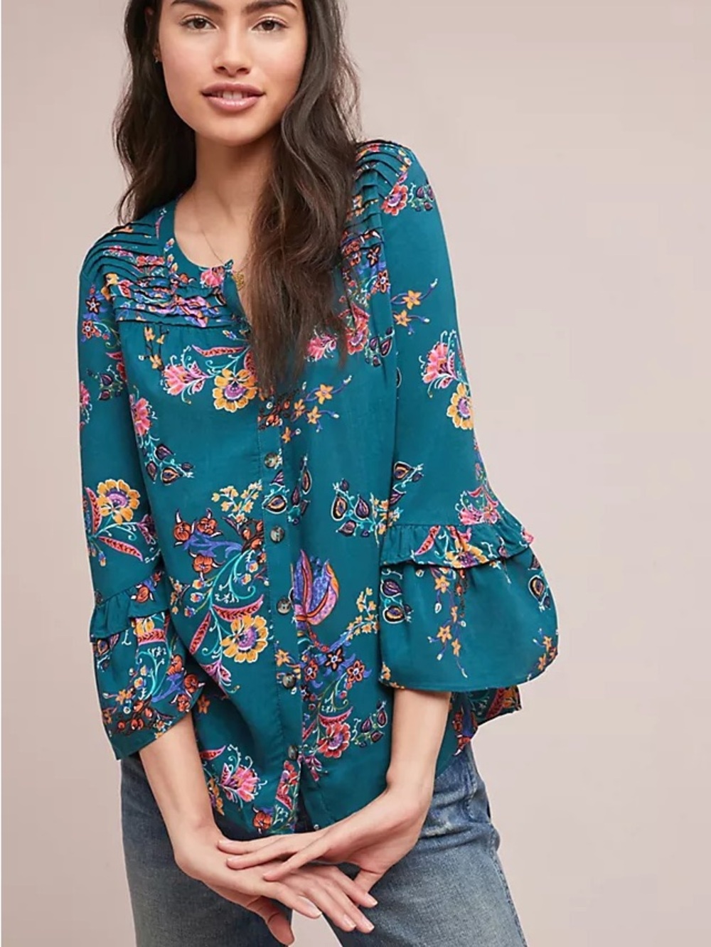 Maeve Floral Blouse in Blue & Pink